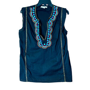 Joan Vass Black Embroidered Beaded Sleeveless Top Size M Boho Chic